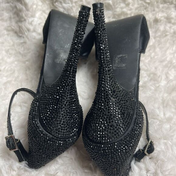 Steve Madden Black satin  With Sparkle Stones ankle strap platform heels SZ8.5 - Picture 7 of 9